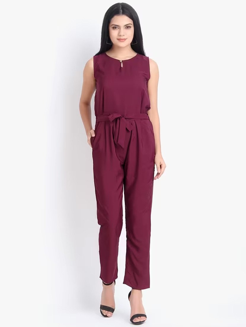 Maroon solid full length sleeveless jumpsuit